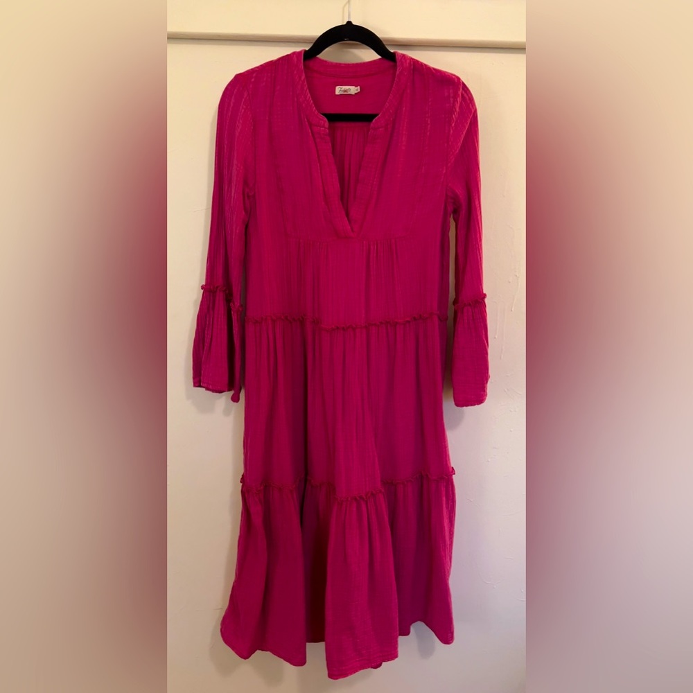 Faherty Pink Ruffled Tiered Long Sleeve Sundress
